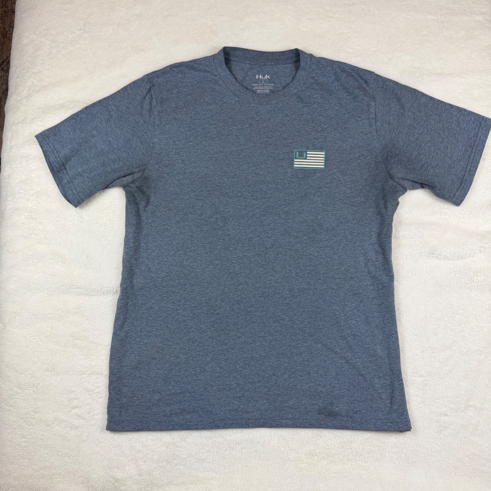 Huk Fishing Mens Large Blue Heathered American Flag Hook Logo Graphic T-Shirt
